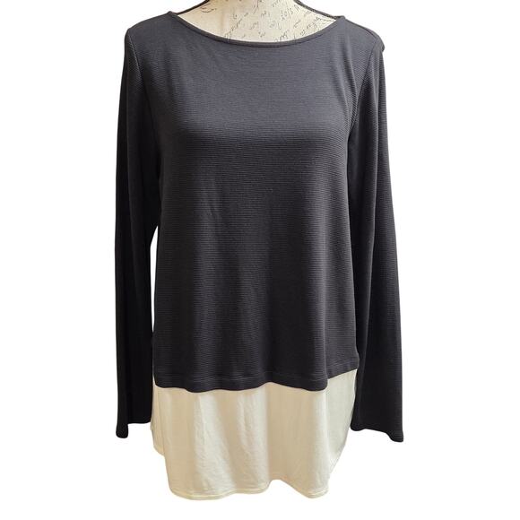 J. Jill Tops - J. Jill Womens Medium Top Tunic Layered Ribbed Long Sleeve Black Cream Stretch